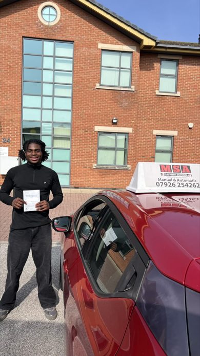 MSA Driving School Nottingham pupil celebrating a first-time driving test pass
