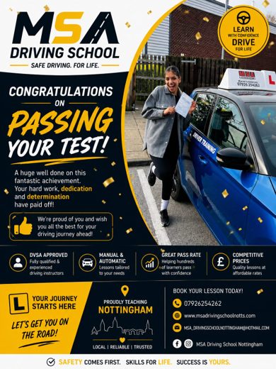 Pupil driving test pass proof for MSA Driving School Nottingham