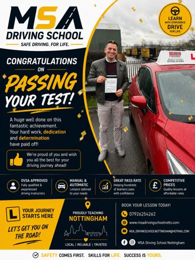 Driving test pass certificate from an MSA Driving School Nottingham pupil
